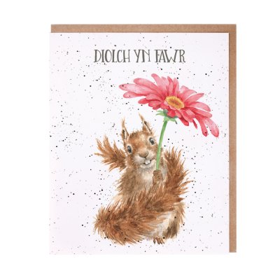 Squirrel and flower Welsh Thank you card