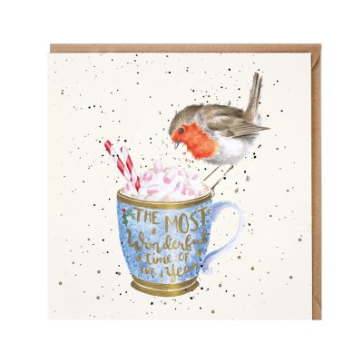 Robin on a mug of hot chocolate Christmas card