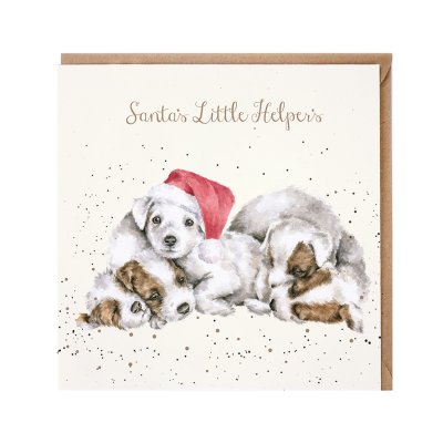 5 puppies in a pile with a festive hat Christmas card