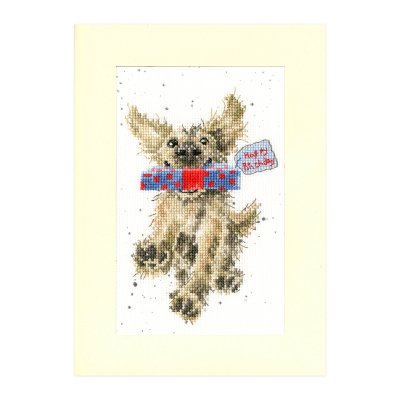 Golden puppy with a present in its mouth cross stitch card