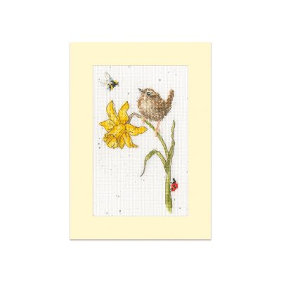 Wren and daffodil cross stitch card