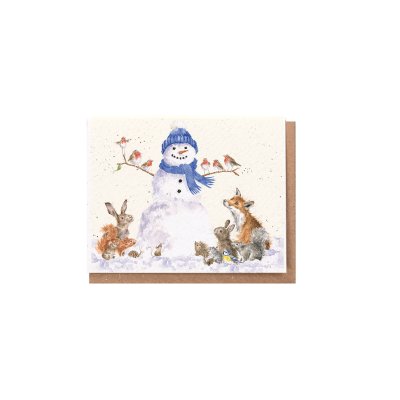 Woodland animals gathered around a snowman mini Christmas card