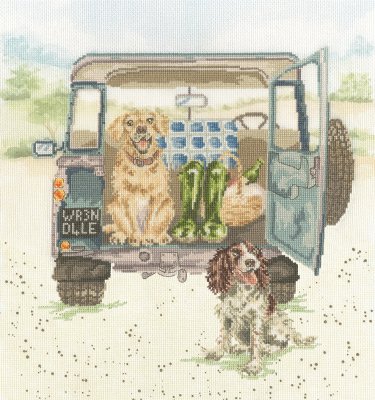 Labrador and spaniel in a landcover cross stitch kit