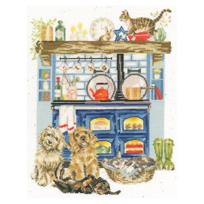 Country Kitchen scene with dogs and cats cross stitch