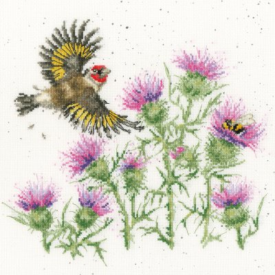 Feathers and Thistles gold finch cross stitch kit