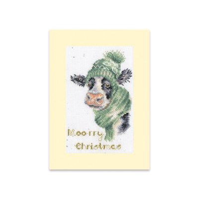 Cow in a woolly hat and scarf Christmas cross stitch card