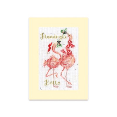'Flamingle Bells' festive flamingos with holly cross stitch card